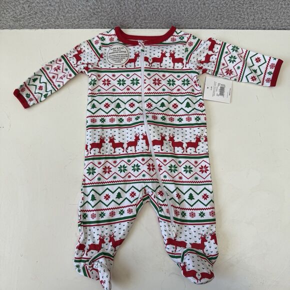 Baby Girl Boy CHRISTMAS FOOTED PAJAMAS White Red Green REINDEER Snowflake 0-3 MO - Picture 1 of 7